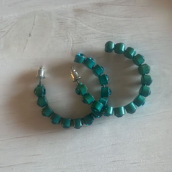 Teal Colored Rhinestone Hoop Earrings - Picture 5 of 11